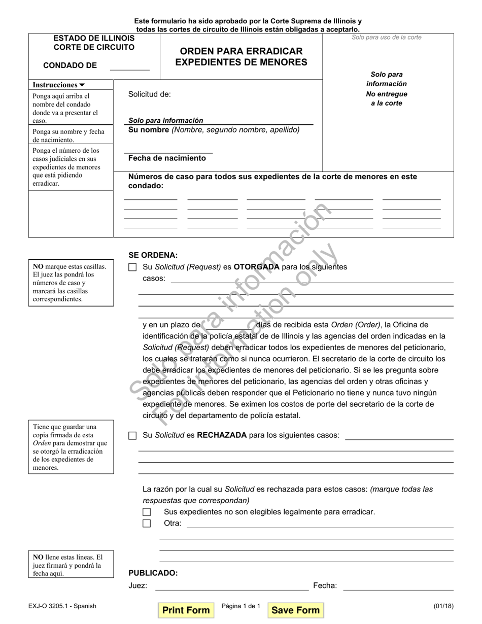 Formulario EXJ-O3205.1 Orden Para Erradicar Expedientes De Menores - Illinois (Spanish), Page 1