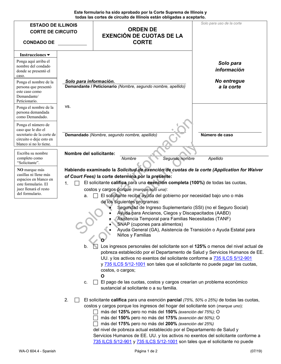 Formulario WA-O604.4 Orden De Exencion De Cuotas De La Corte - Illinois (Spanish), Page 1