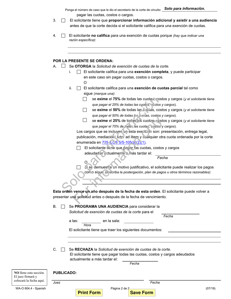 Formulario WA-O604.4 Orden De Exencion De Cuotas De La Corte - Illinois (Spanish), Page 2