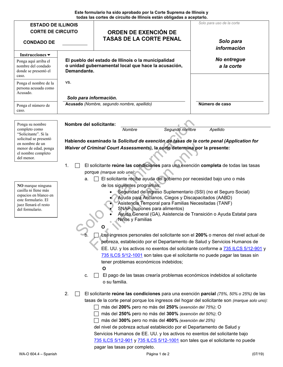 Formulario WA-O604.4 Orden De Exencion De Tasas De La Corte Penal - Illinois (Spanish), Page 1