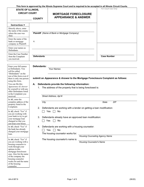 Form 5AA-A 907.6 Mortgage Foreclosure Appearance & Answer - Illinois