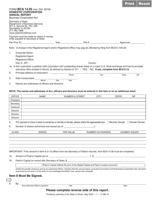 Form BCA14.05D Domestic Corporation Annual Report - Illinois