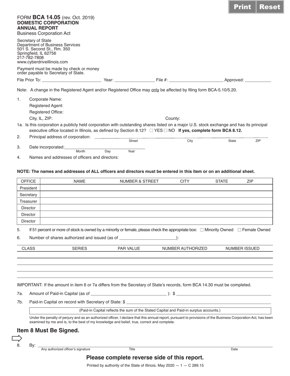 Form BCA14.05D Domestic Corporation Annual Report - Illinois, Page 1