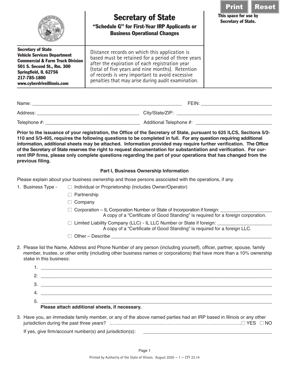 Form CFT23 Schedule G Download Fillable PDF Or Fill Online Schedule For First-Year Irp ...