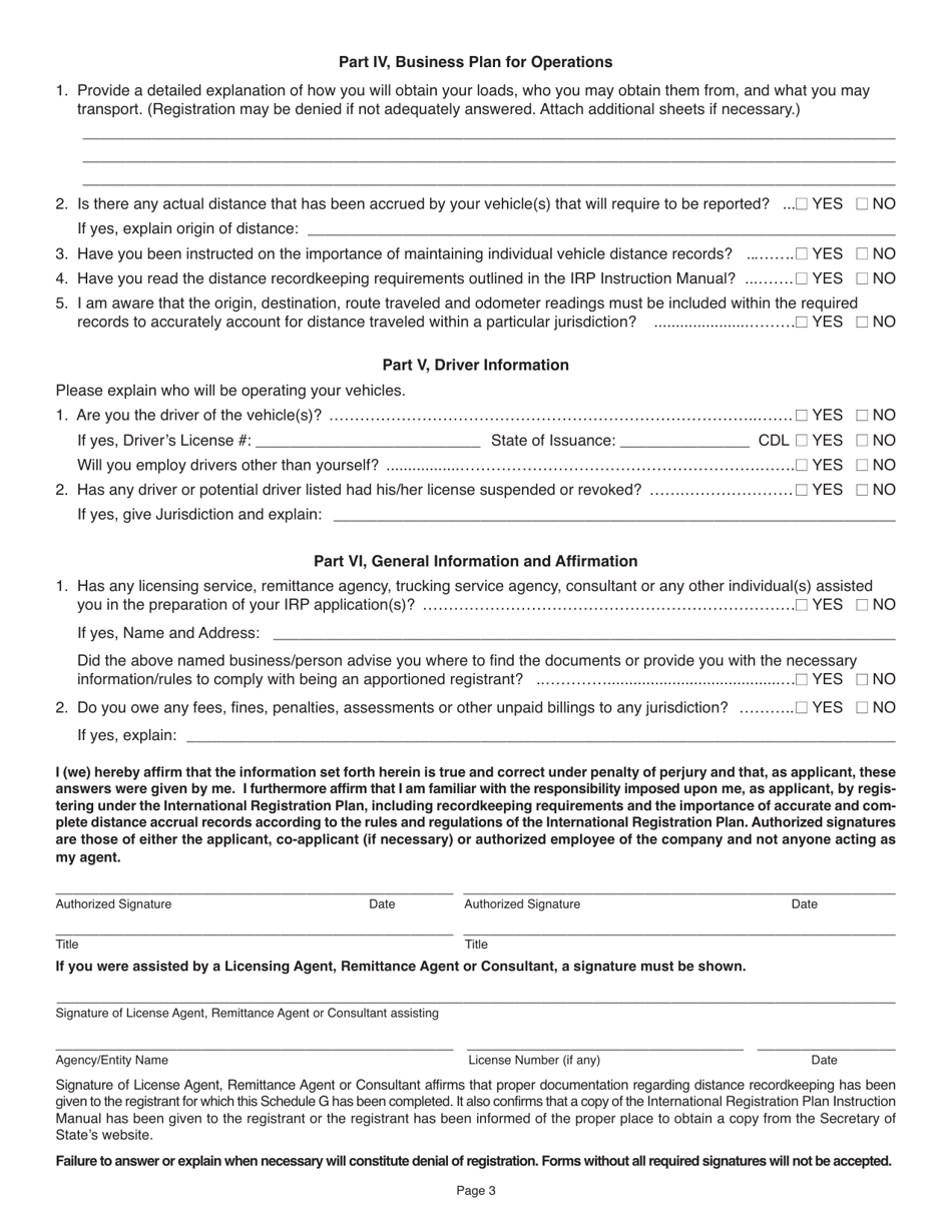 Form CFT23 Schedule G Schedule for First-Year Irp Applicants or Business Operational Changes - Illinois, Page 3