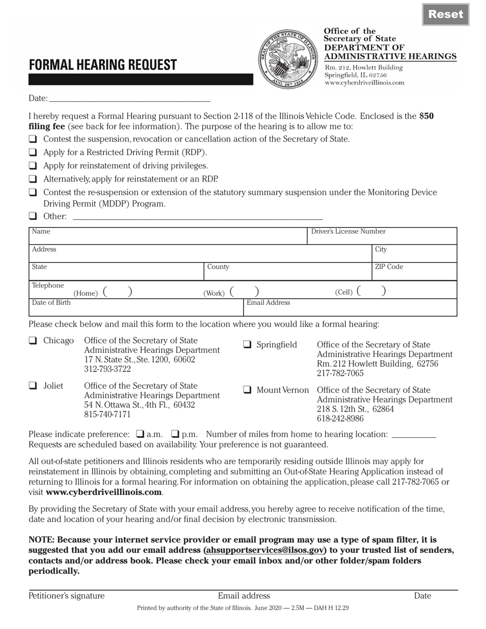 Form DAH H12 Formal Hearing Request Form - Illinois, Page 1