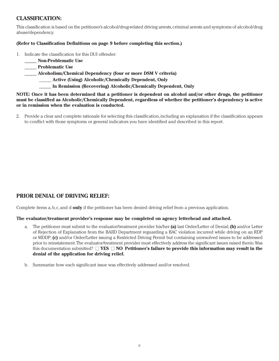 Form DAH OOS1 Out-of-State Petitioner Alcohol / Drug Evaluation Uniform Report - Illinois, Page 6