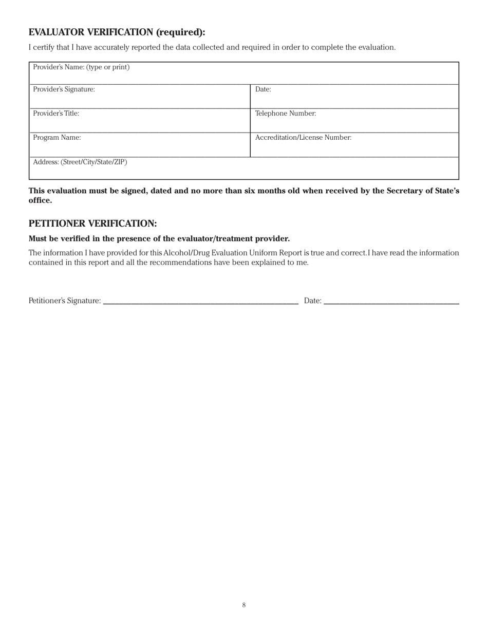 Form DAH OOS1 Out-of-State Petitioner Alcohol / Drug Evaluation Uniform Report - Illinois, Page 8