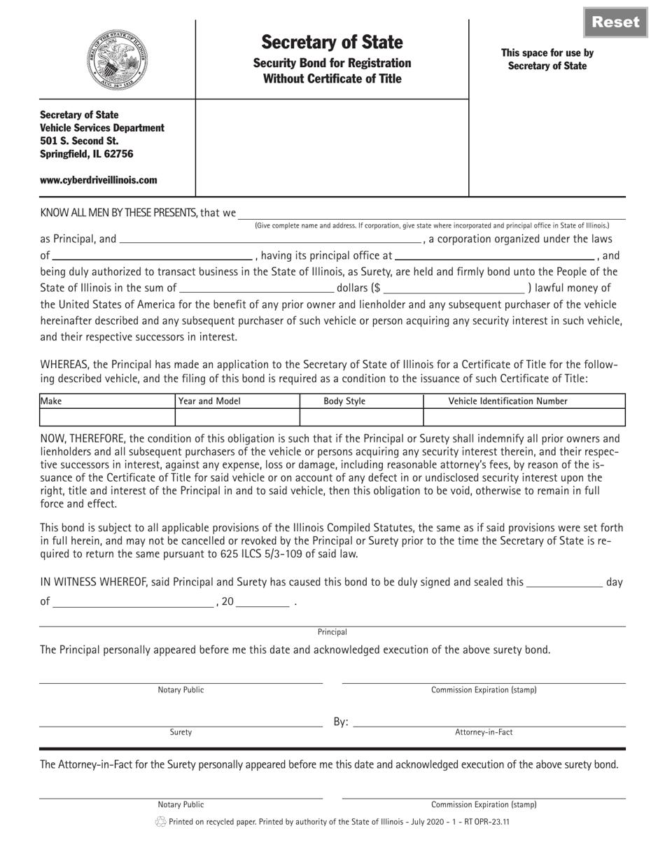 Form RT OPR23 Security Bond for Registration Without Certificate of Title - Illinois, Page 1