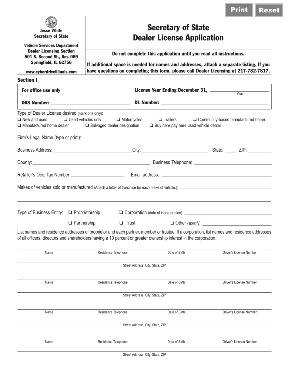 Form VSD324 Dealer License Application - Illinois, Page 1