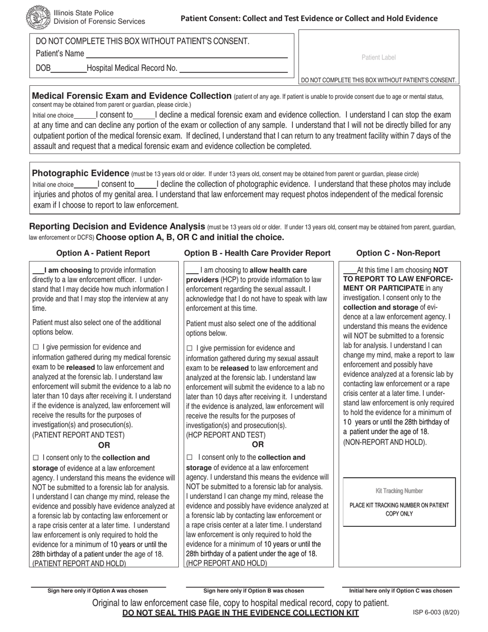 Form ISP6-003 Patient Consent: Collect and Test Evidence or Collect and Hold Evidence - Illinois, Page 1