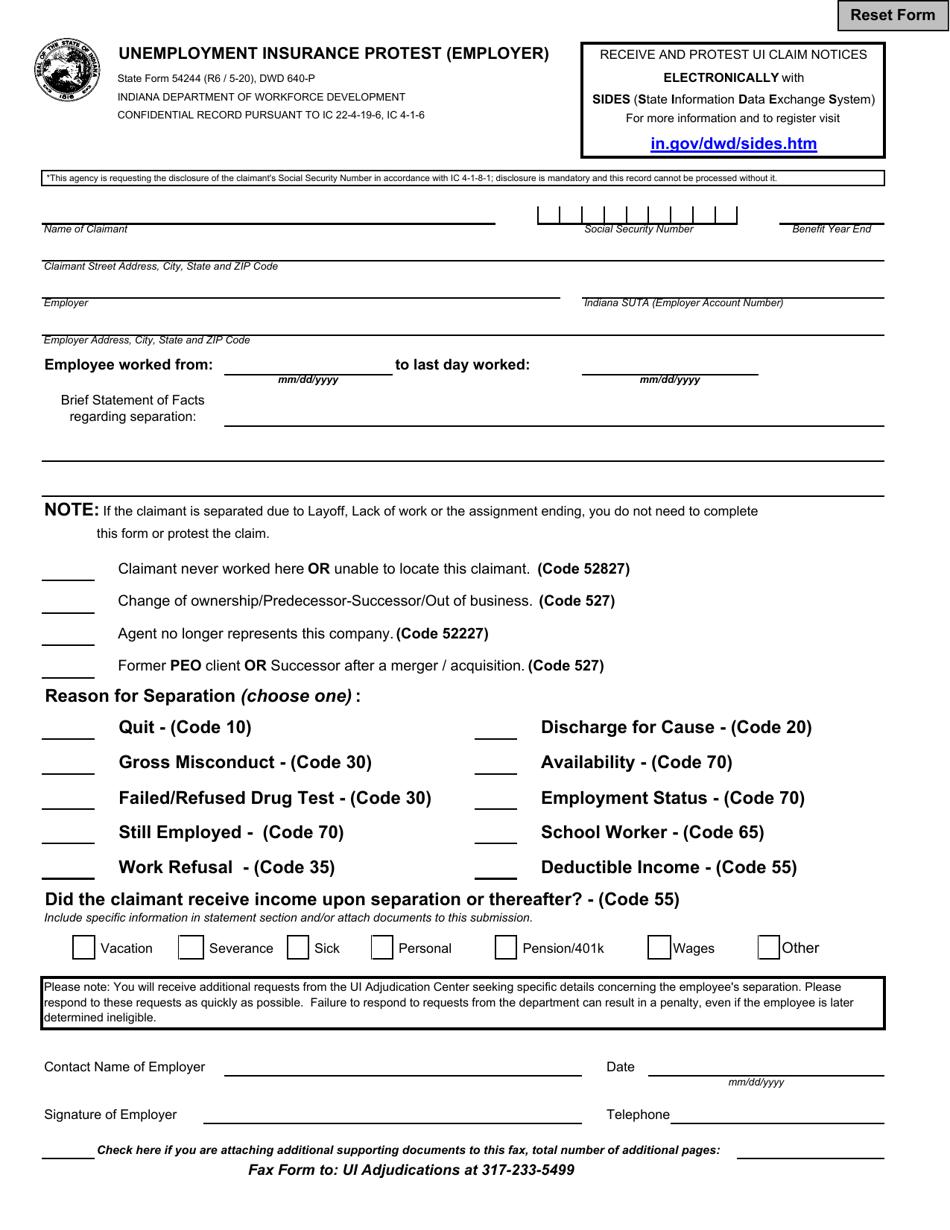 State Form 54244 (DWD640-P) Unemployment Insurance Protest (Employer) - Indiana, Page 1