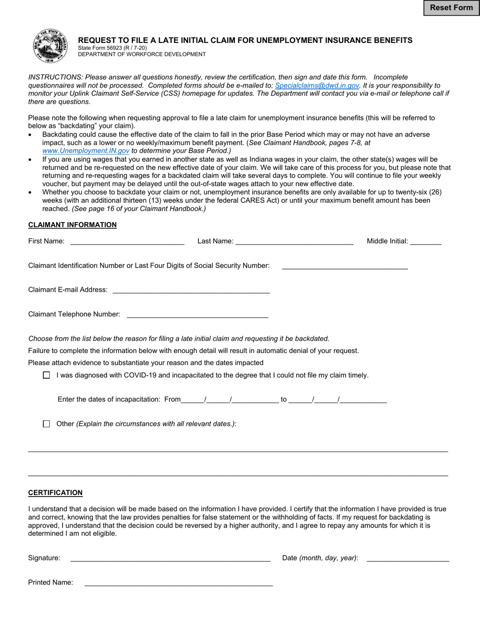 State Form 56923 Request to File a Late Initial Claim for Unemployment Insurance Benefits - Indiana, Page 1