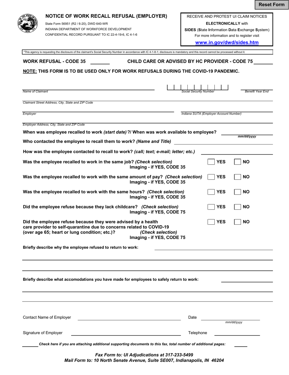 State Form 56951 (DWD640-WR) Notice of Work Recall Refusal (Employer) - Indiana, Page 1