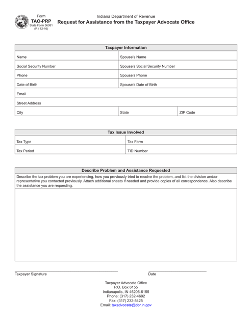 Form TAO-PRP (State Form 56081) Request for Assistance From the Taxpayer Advocate Office - Indiana
