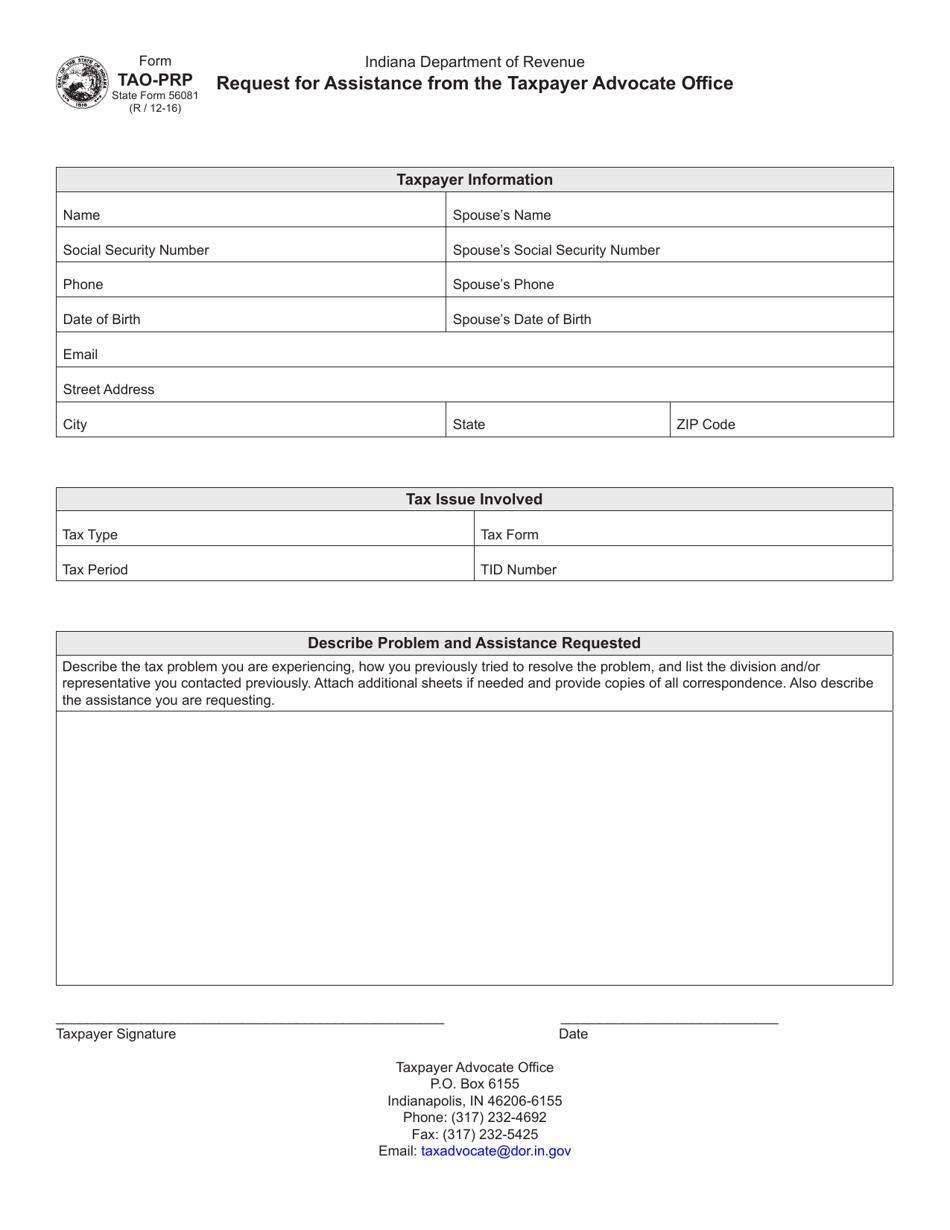 Form TAO-PRP (State Form 56081) Request for Assistance From the Taxpayer Advocate Office - Indiana, Page 1