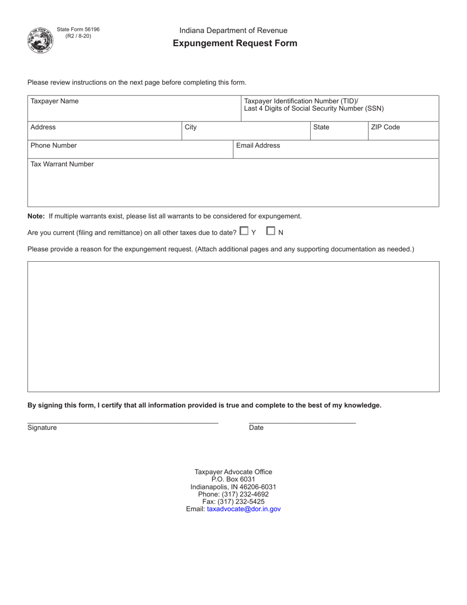 State Form 56196 Expungement Request Form - Indiana, Page 1