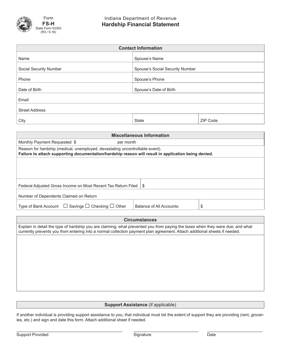 Form FS-H (State Form 53302) Hardship Financial Statement - Indiana, Page 1