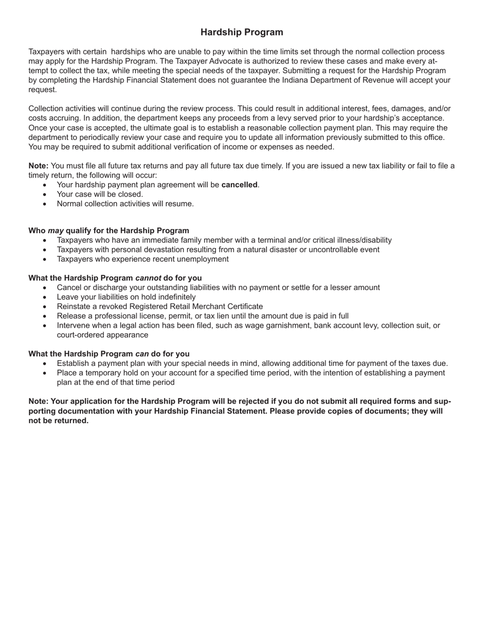 Form FS-H (State Form 53302) Hardship Financial Statement - Indiana, Page 3