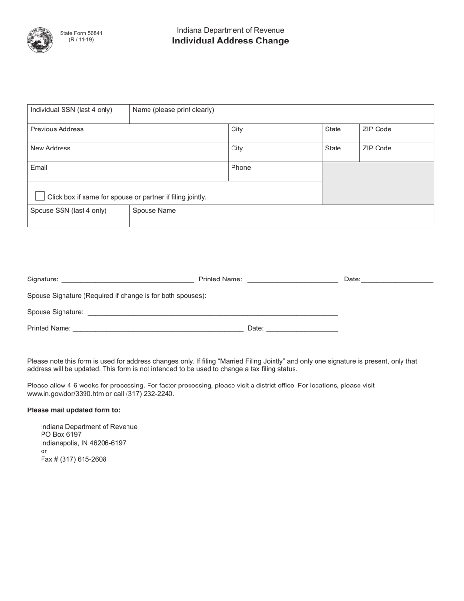 State Form 56841 Individual Address Change - Indiana, Page 1