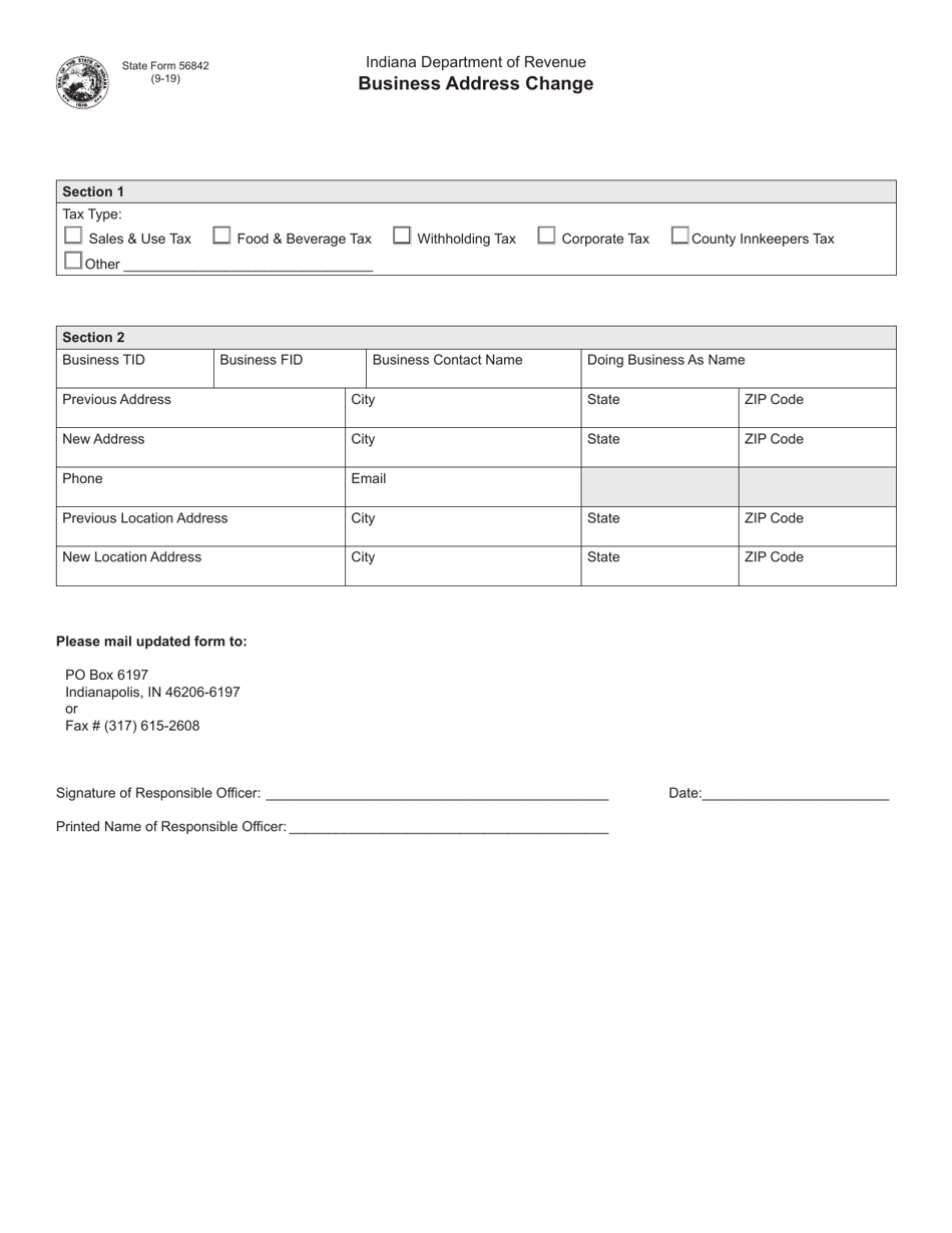 State Form 56842 Business Address Change - Indiana, Page 1