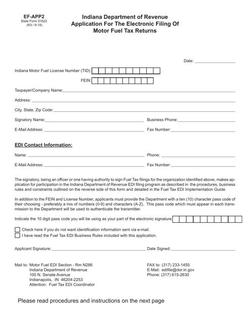 Form EF-APP2 (State Form 51622) Application for the Electronic Filing of Motor Fuel Tax Returns - Indiana