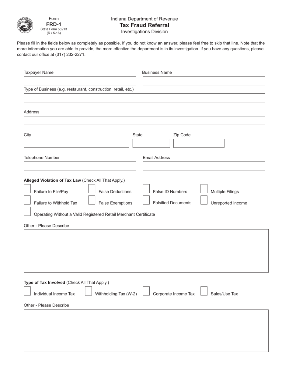 Form FRD-1 (State Form 55213) Tax Fraud Referral - Indiana, Page 1