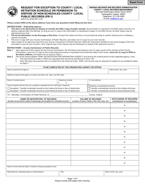 Form PR-1 (State Form 30505) Request for Exception to County / Local Retention Schedule or Permission to Dispose of Non-scheduled County / Local Public Records - Indiana
