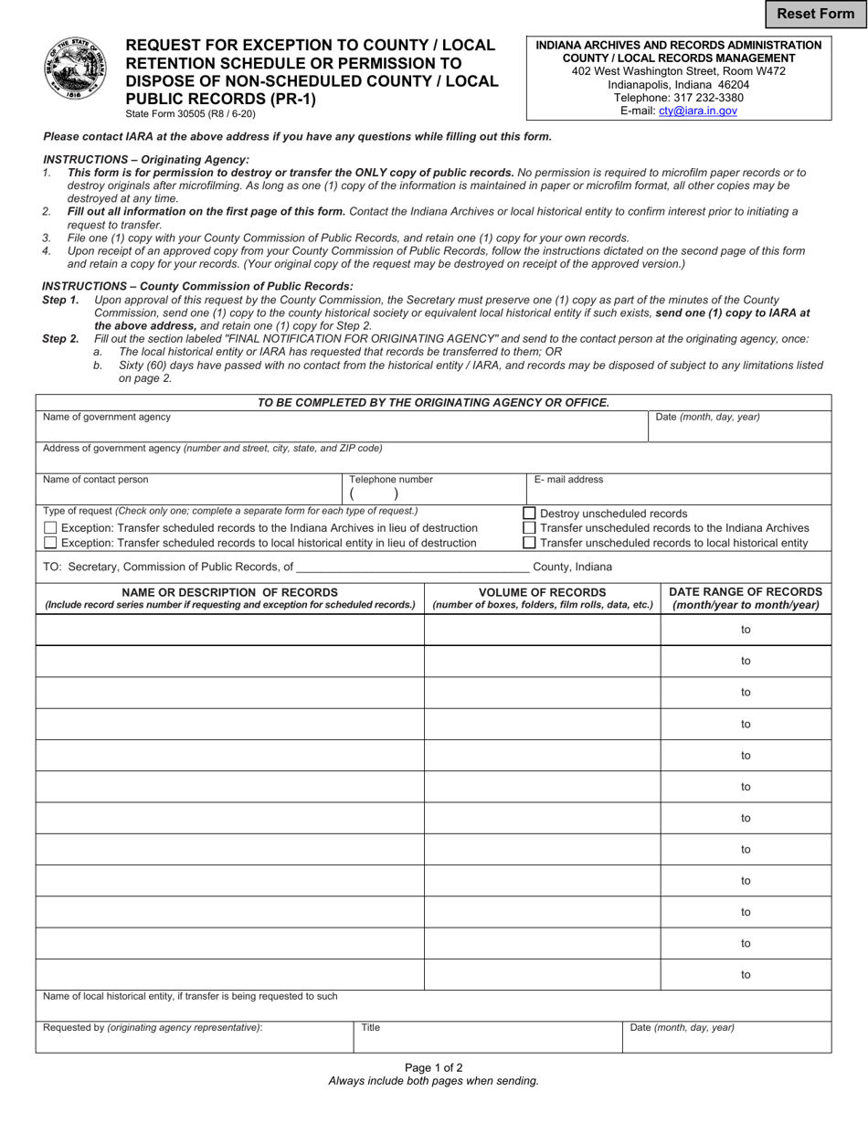 Form PR-1 (State Form 30505) Request for Exception to County / Local Retention Schedule or Permission to Dispose of Non-scheduled County / Local Public Records - Indiana, Page 1