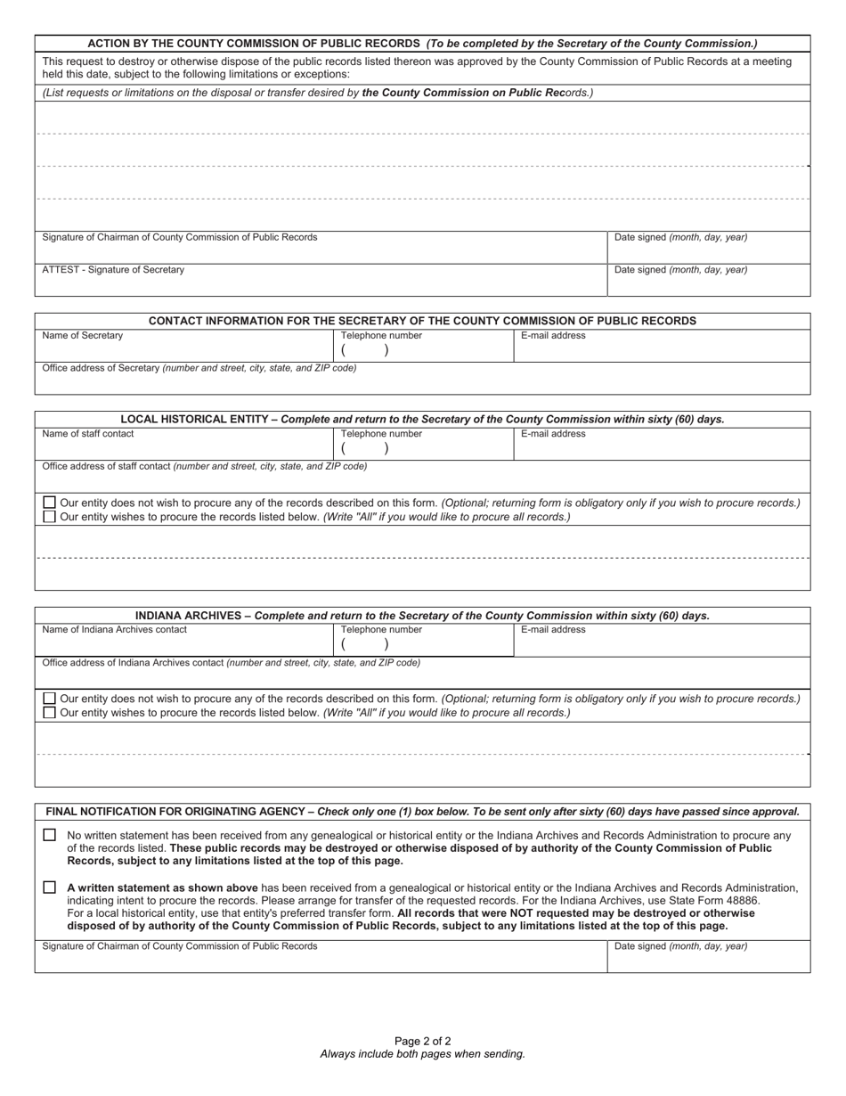 Form PR-1 (State Form 30505) Request for Exception to County / Local Retention Schedule or Permission to Dispose of Non-scheduled County / Local Public Records - Indiana, Page 2