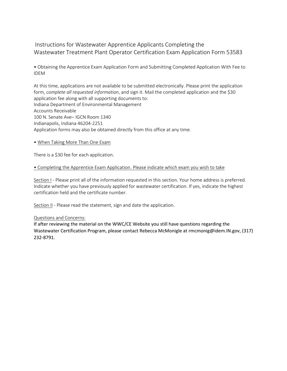 Download Instructions for State Form 53583 Application for Wastewater Treatment Plant Operator