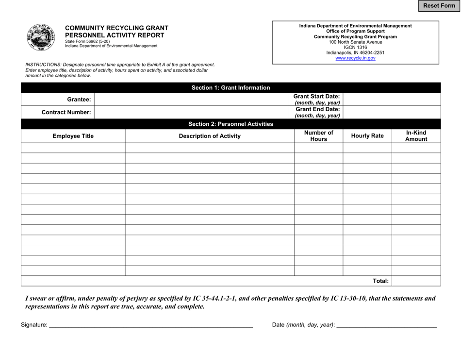 State Form 56962 Community Recycling Grant Personnel Activity Report - Indiana, Page 1