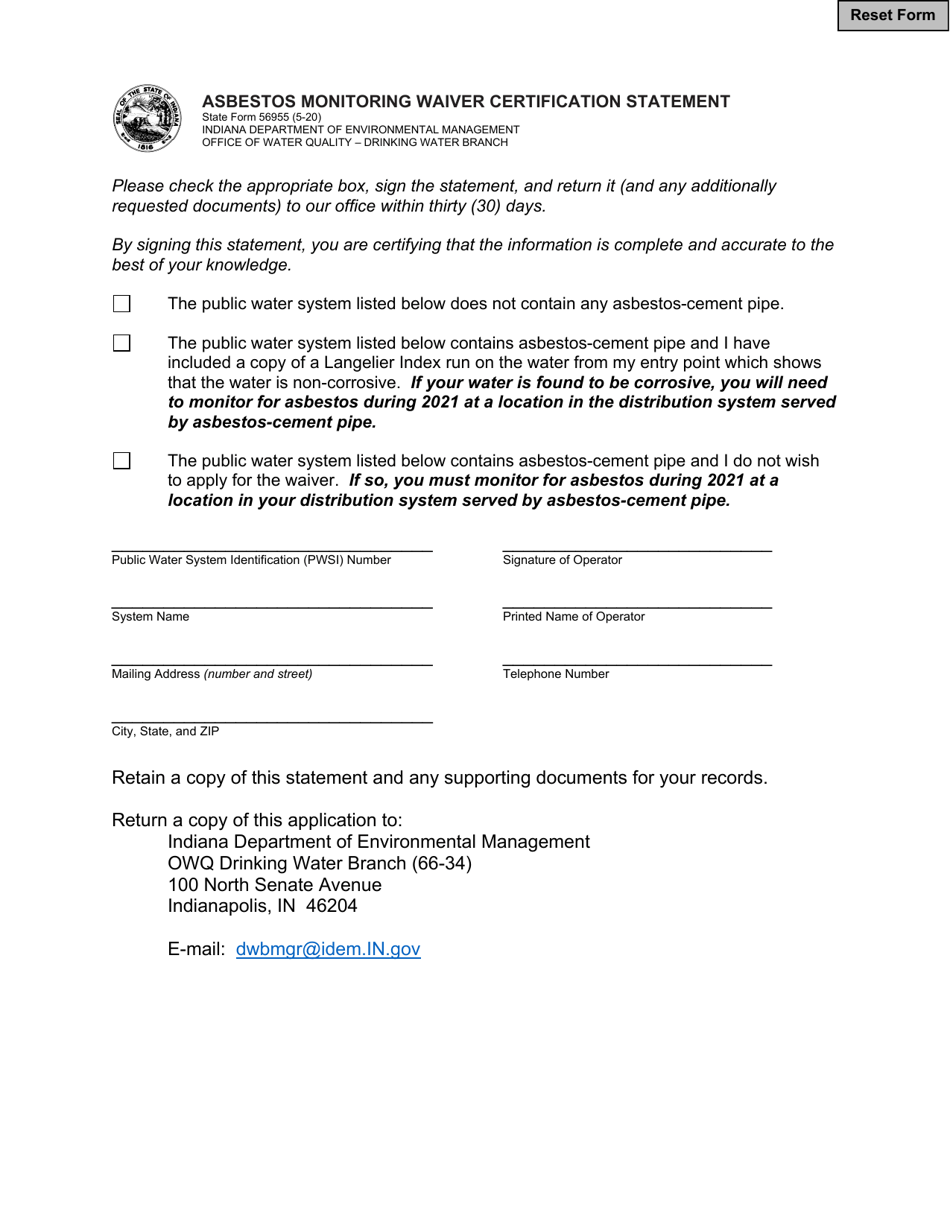 State Form 56955 Asbestos Monitoring Waiver Certification Statement - Indiana, Page 1