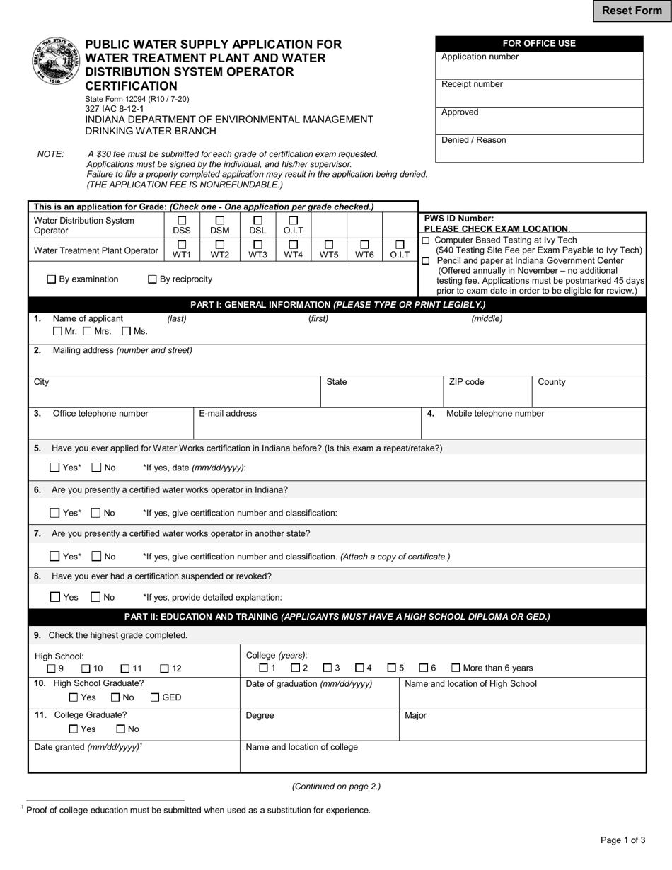 State Form 12094 Public Water Supply Application for Water Treatment Plant and Water Distribution System Operator Certification - Indiana, Page 1
