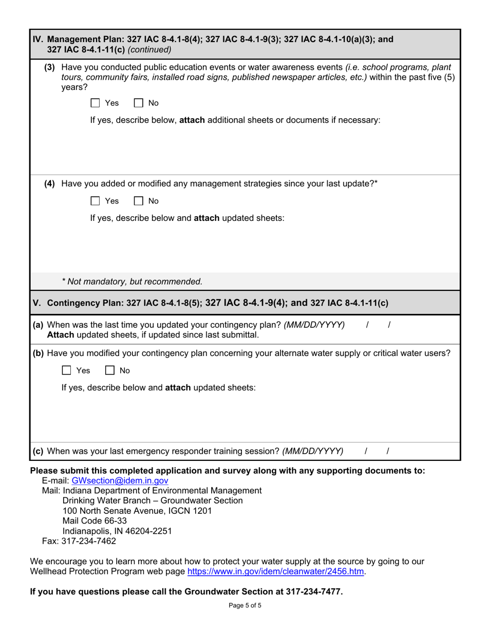 State Form 53796 Indiana Wellhead Protection Phase II Five Year Update Survey - Indiana, Page 5