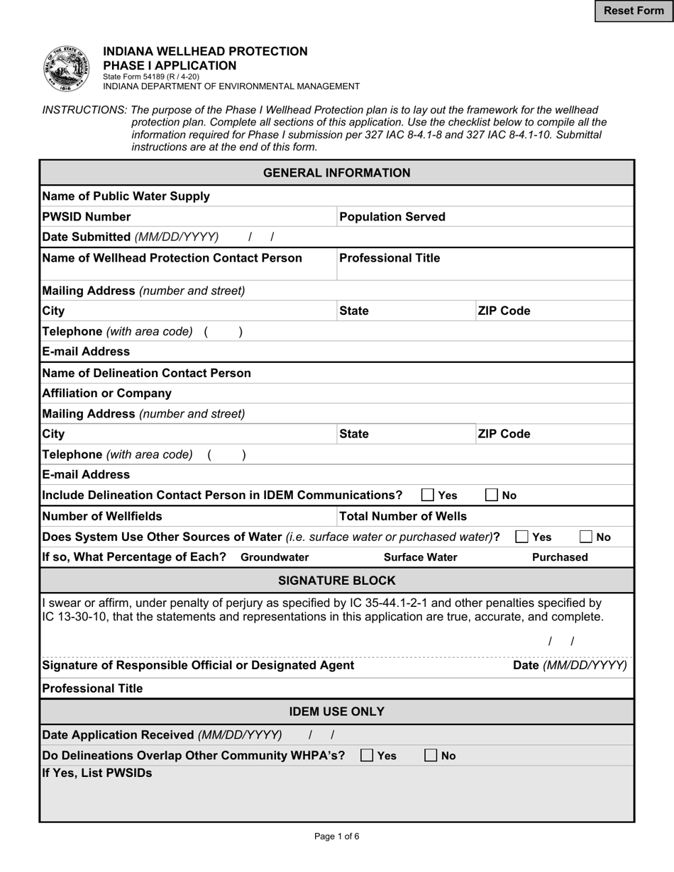 State Form 54189 Indiana Wellhead Protection Phase I Application - Indiana, Page 1