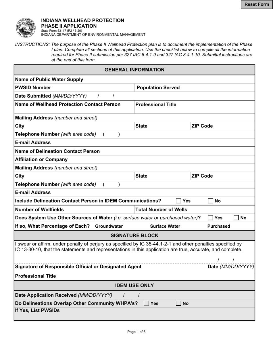 State Form 53117 Indiana Wellhead Protection Phase II Application - Indiana, Page 1