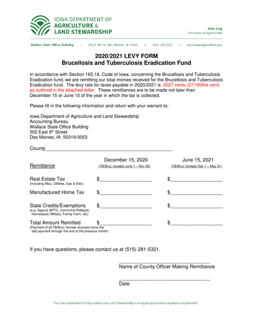 Levy Form Brucellosis and Tuberculosis Eradication Fund - Iowa Download Pdf