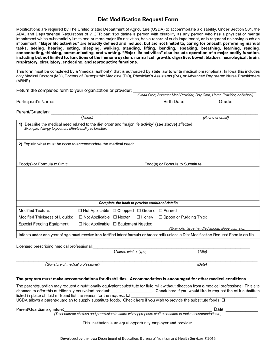 Diet Modification Request Form - Iowa, Page 1
