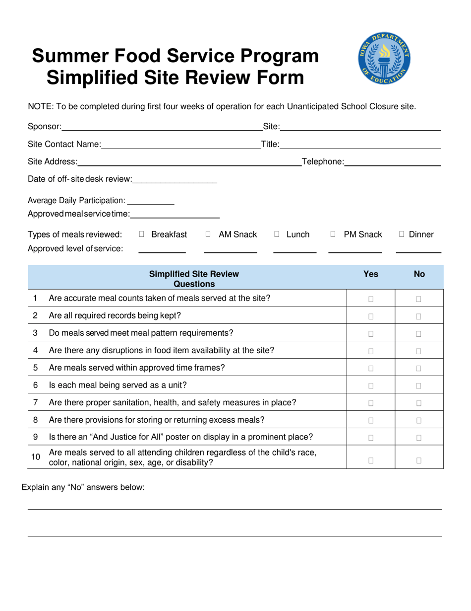 Summer Food Service Program Simplified Site Review Form - Iowa, Page 1