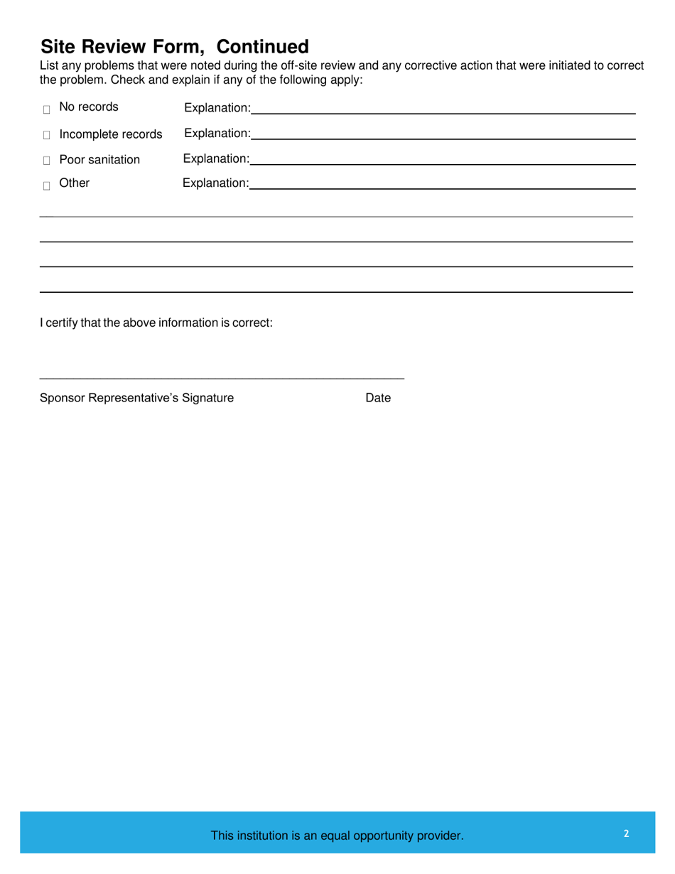 Summer Food Service Program Simplified Site Review Form - Iowa, Page 2
