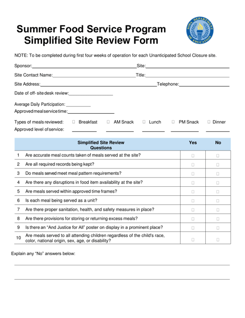 Summer Food Service Program Simplified Site Review Form - Iowa