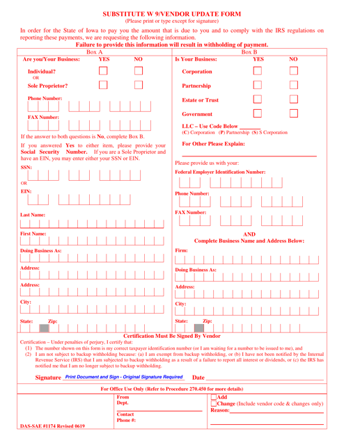 Form DAS-SAE1174 Substitute W 9/Vendor Update Form - Iowa