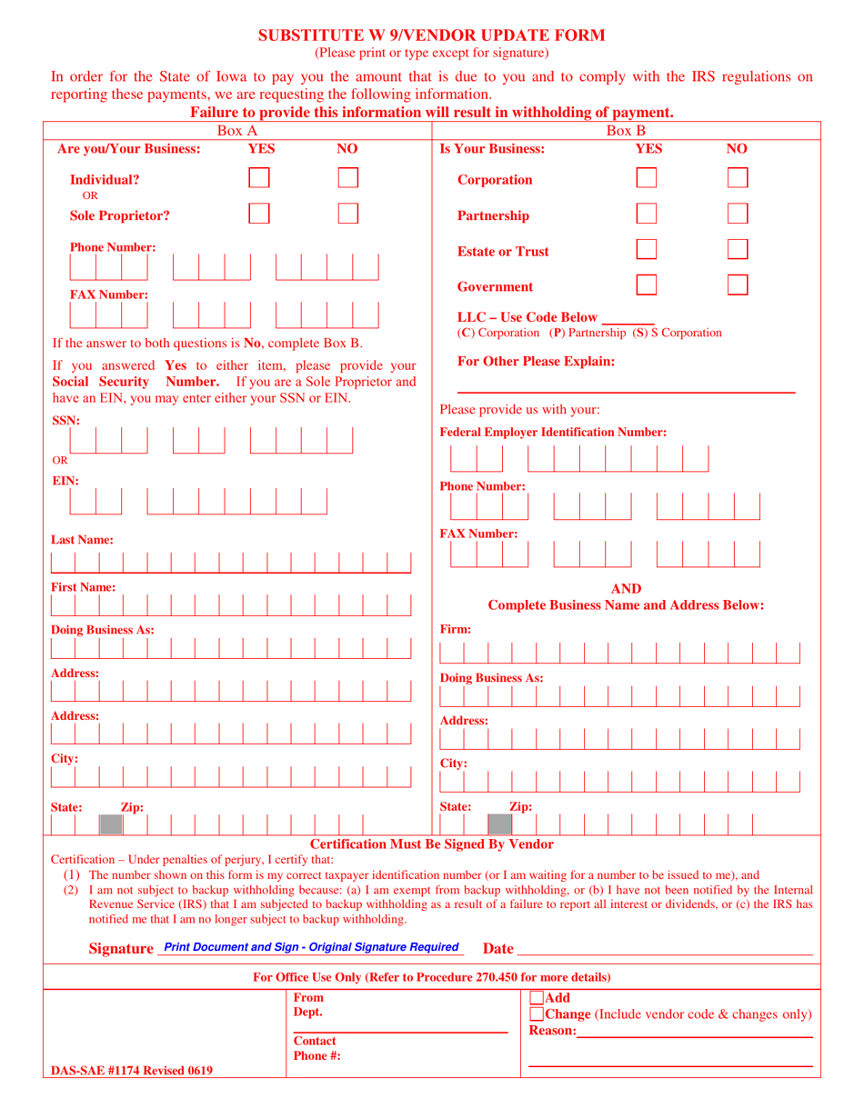 Form DAS-SAE1174 Substitute W 9 / Vendor Update Form - Iowa, Page 1