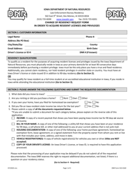 DNR Form 542-0160 &quot;Change of Residency Request Form in Order to Acquire Resident Licenses and Privileges&quot; - Iowa
