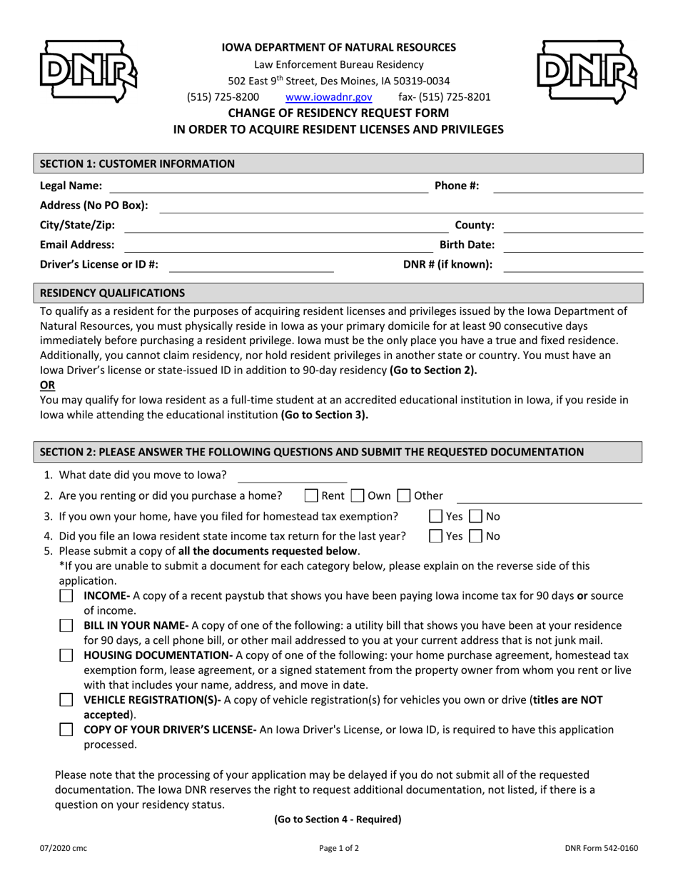 DNR Form 542-0160 Change of Residency Request Form in Order to Acquire Resident Licenses and Privileges - Iowa, Page 1