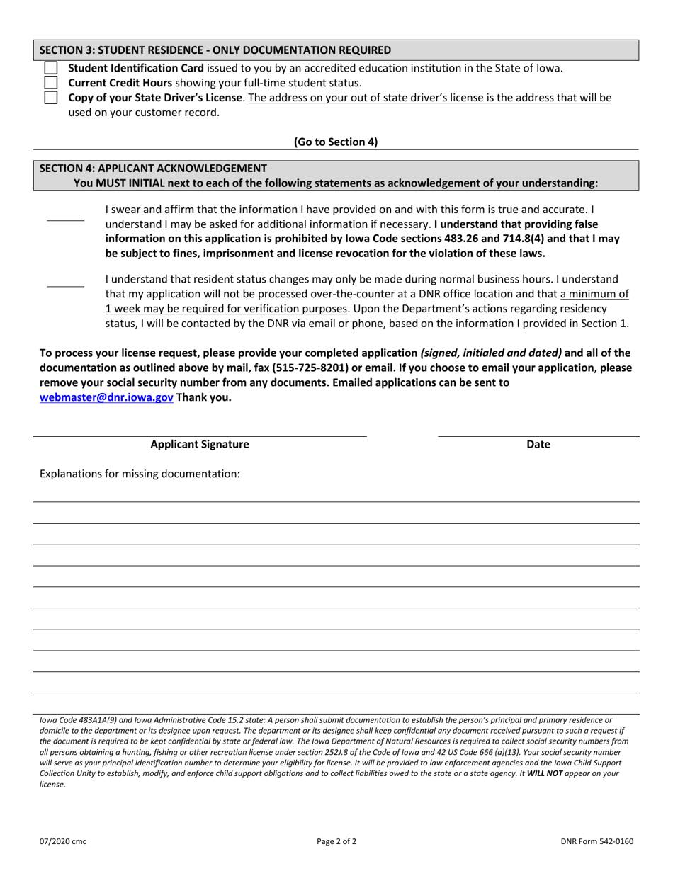 DNR Form 542-0160 Change of Residency Request Form in Order to Acquire Resident Licenses and Privileges - Iowa, Page 2