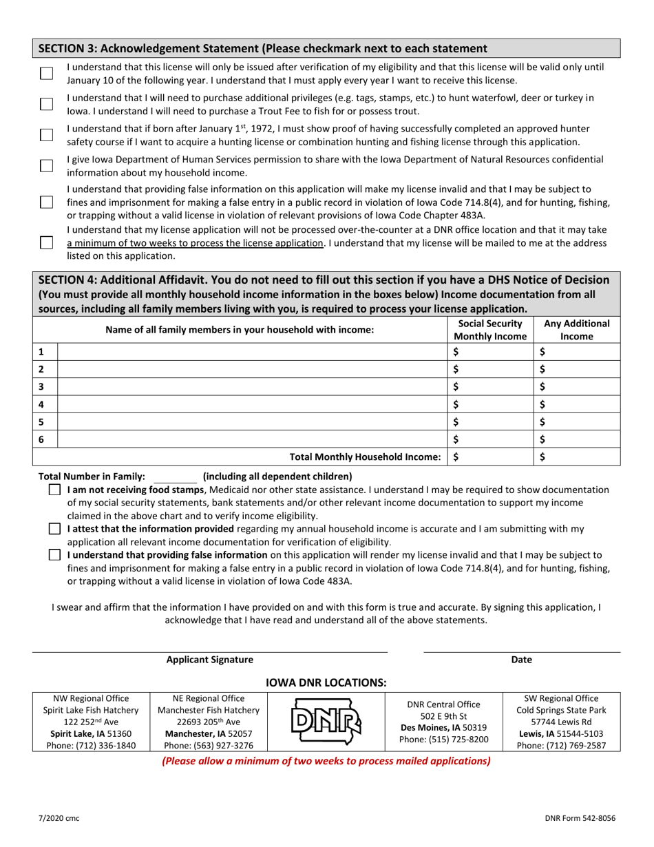 DNR Form 542-8056 Free Annual Resident Hunting and Fishing License Application - Iowa, Page 2