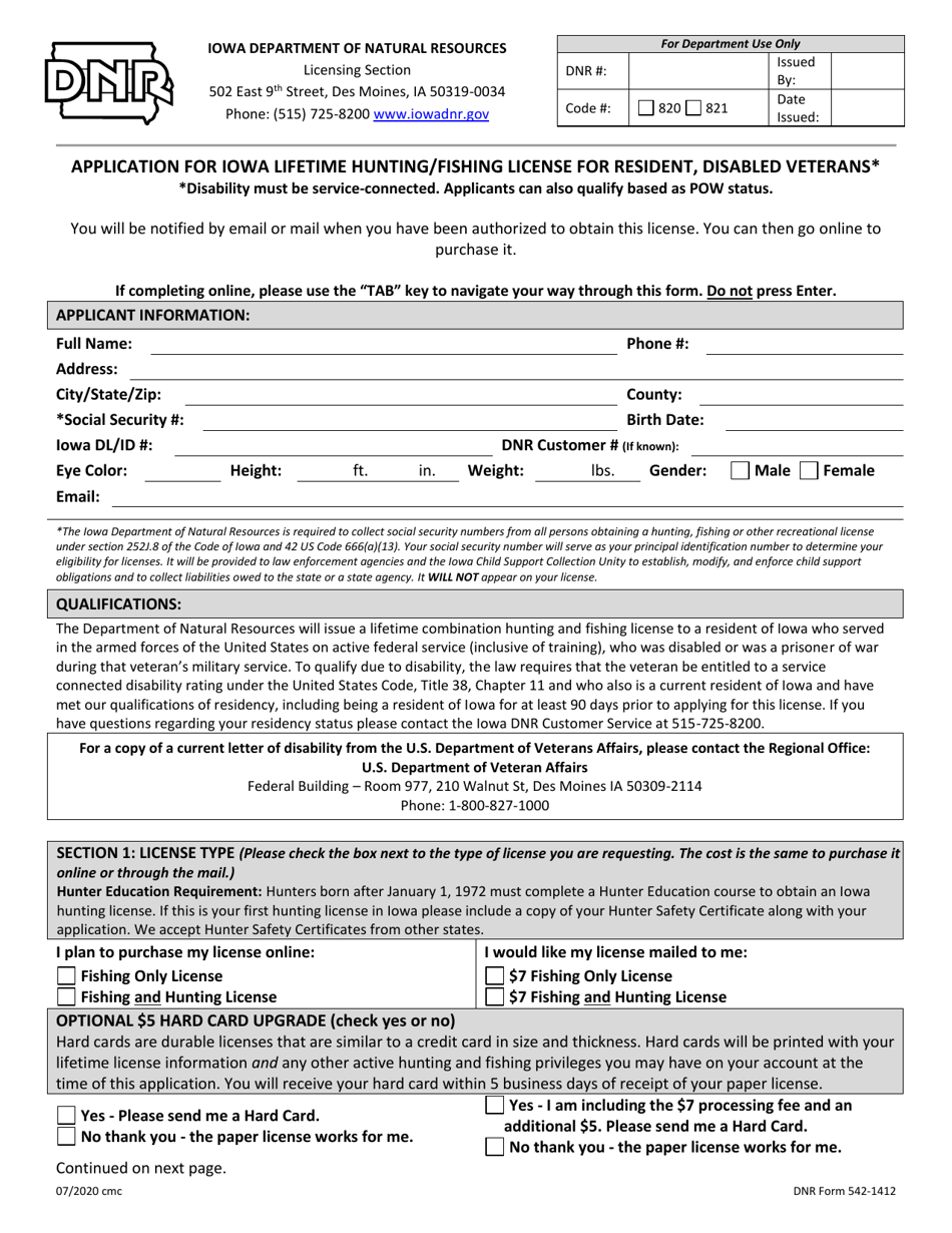 DNR Form 542-1412 Application for Iowa Lifetime Hunting / Fishing License for Resident, Disabled Veterans - Iowa, Page 1