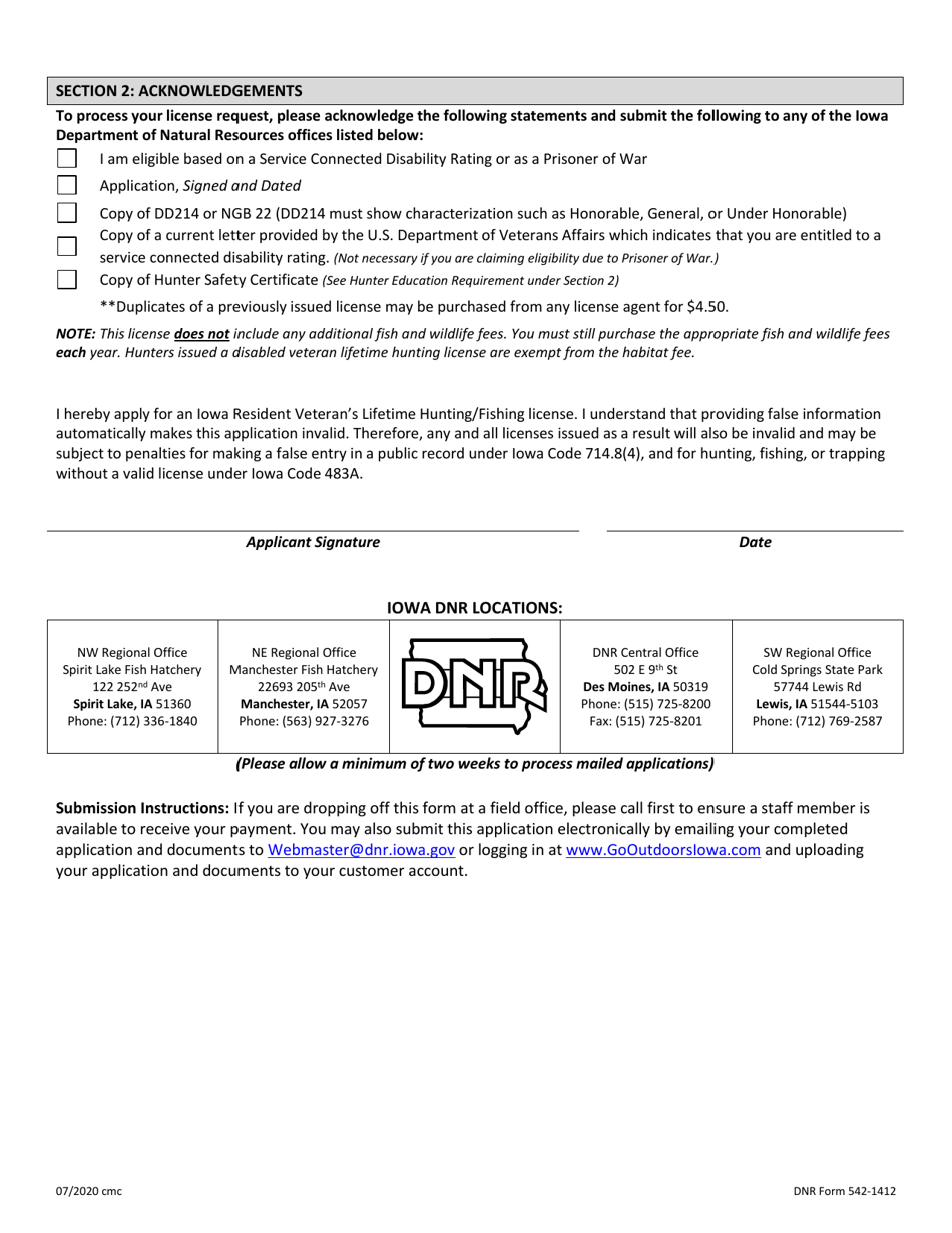DNR Form 542-1412 Application for Iowa Lifetime Hunting / Fishing License for Resident, Disabled Veterans - Iowa, Page 2